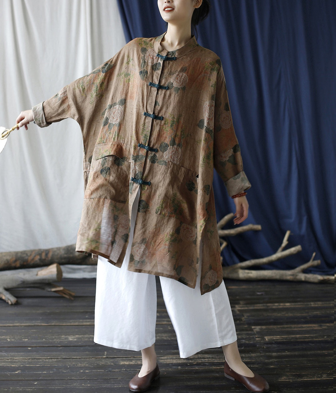 Tao One Tech™ • Tao Ancient Flower Sunscreen Robe • Cardigan • Kimono • Hanfu • Air Conditioning Shirt • Butterfly Bat Wing Sleeves • Cooling • Tech Pockets • Pure Ramie