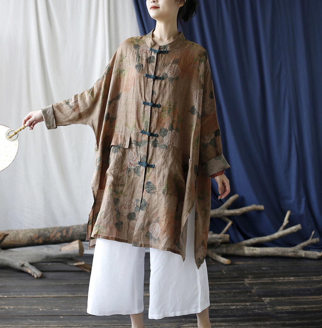 Tao One Tech™ • Tao Ancient Flower Sunscreen Robe • Cardigan • Kimono • Hanfu • Air Conditioning Shirt • Butterfly Bat Wing Sleeves • Cooling • Tech Pockets • Pure Ramie