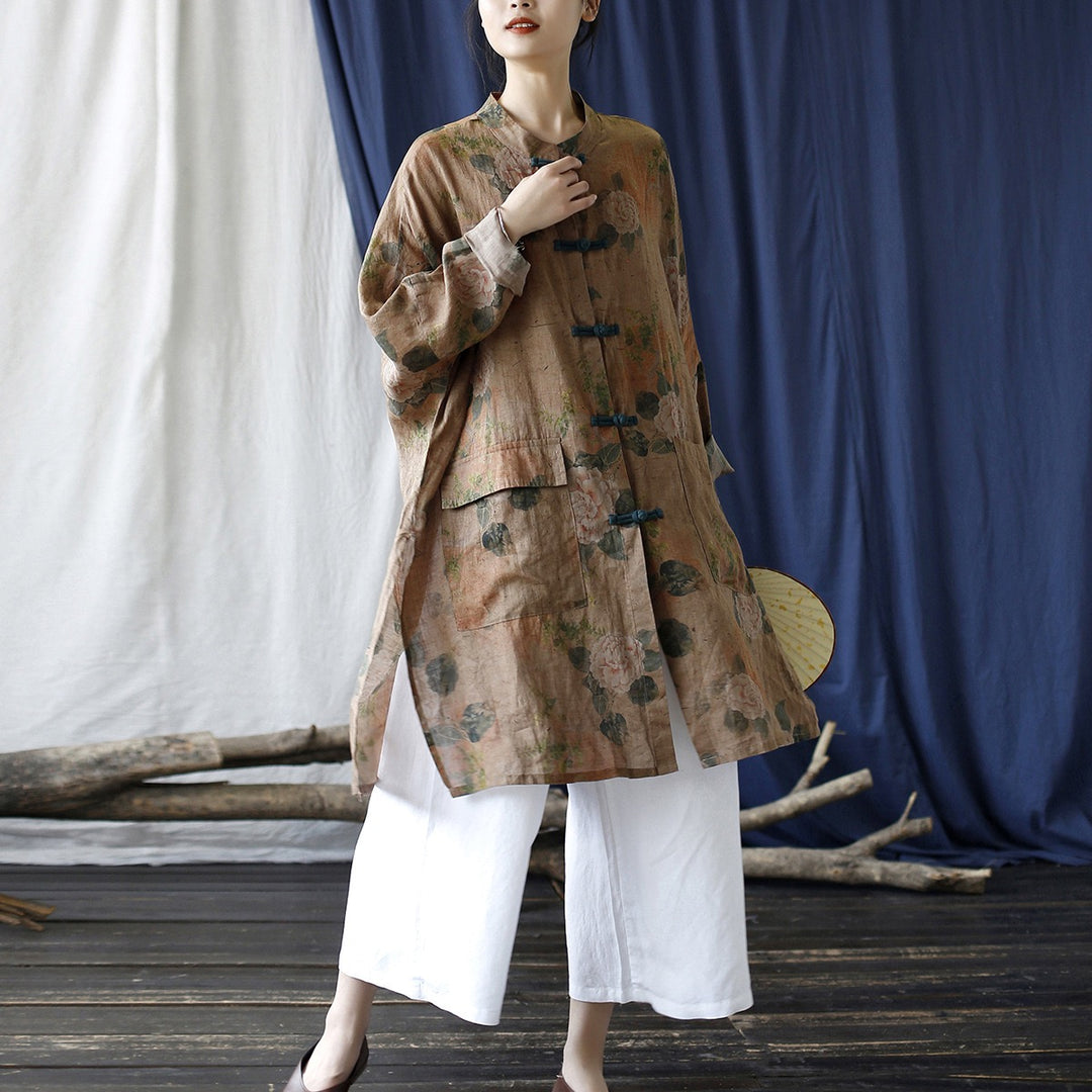 Tao One Tech™ • Tao Ancient Flower Sunscreen Robe • Cardigan • Kimono • Hanfu • Air Conditioning Shirt • Butterfly Bat Wing Sleeves • Cooling • Tech Pockets • Pure Ramie