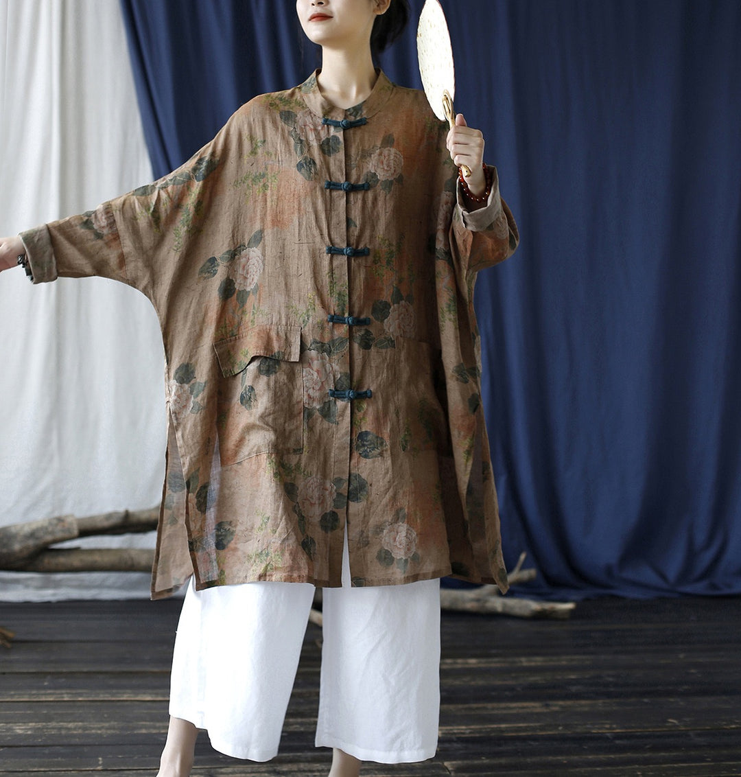 Tao One Tech™ • Tao Ancient Flower Sunscreen Robe • Cardigan • Kimono • Hanfu • Air Conditioning Shirt • Butterfly Bat Wing Sleeves • Cooling • Tech Pockets • Pure Ramie