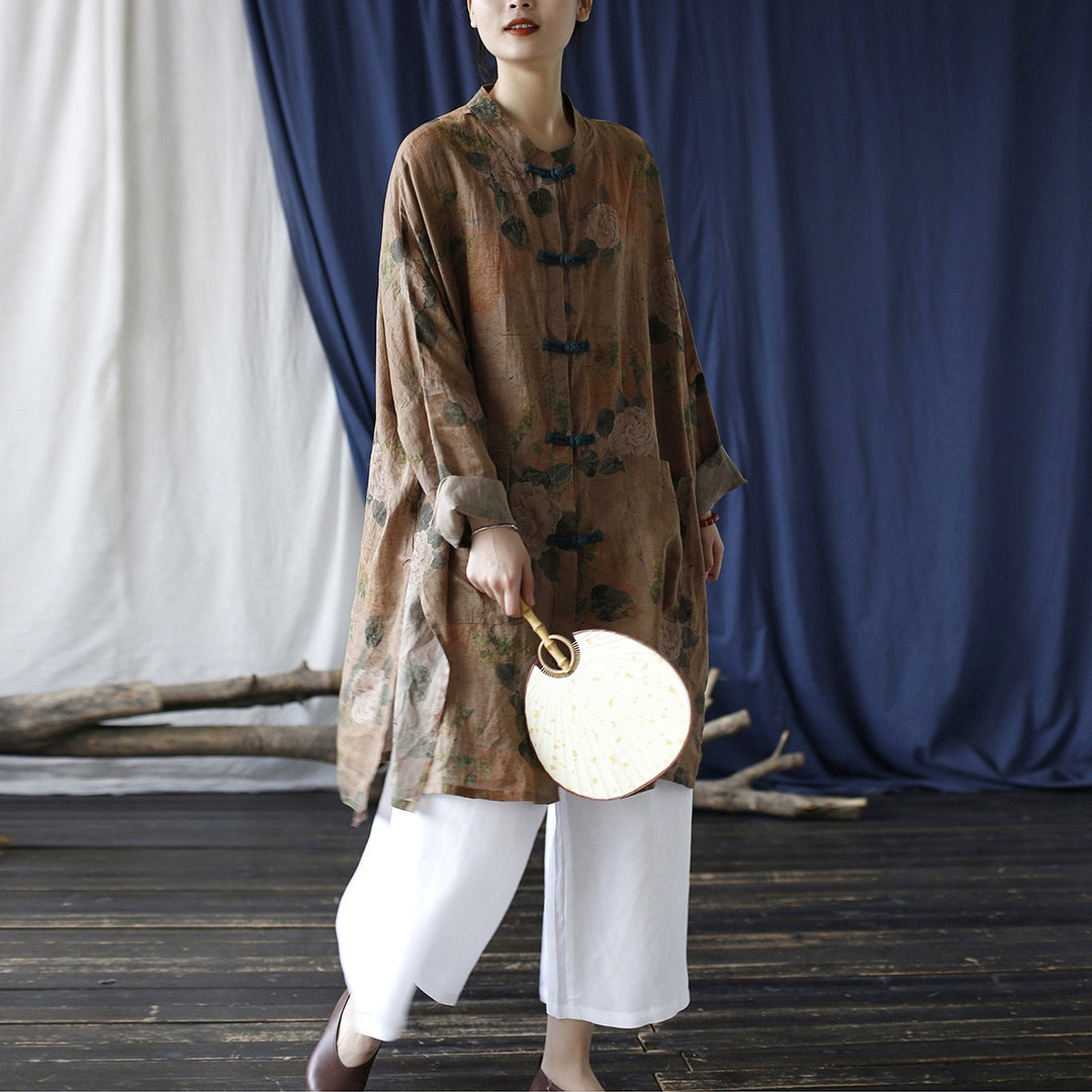 Tao One Tech™ • Tao Ancient Flower Sunscreen Robe • Cardigan • Kimono • Hanfu • Air Conditioning Shirt • Butterfly Bat Wing Sleeves • Cooling • Tech Pockets • Pure Ramie