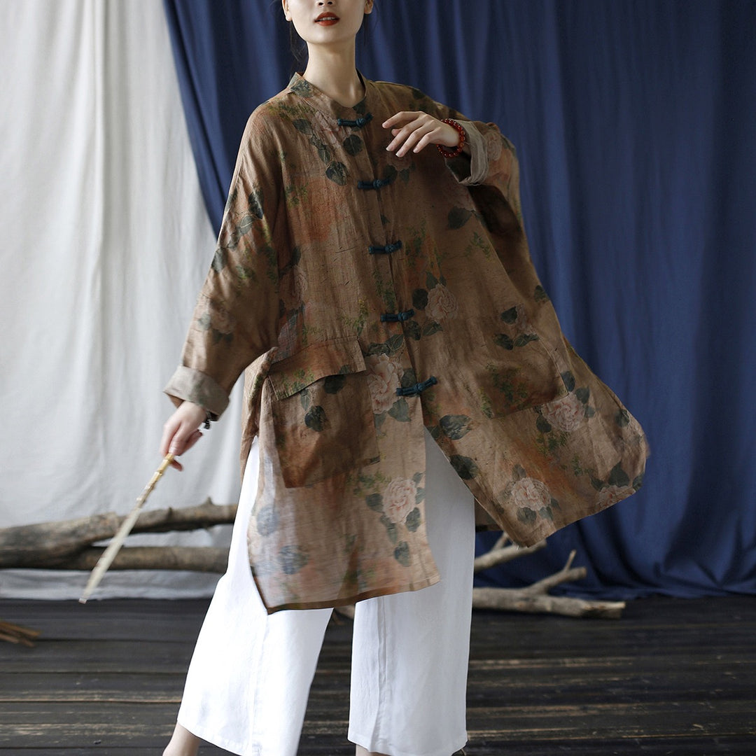 Tao One Tech™ • Tao Ancient Flower Sunscreen Robe • Cardigan • Kimono • Hanfu • Air Conditioning Shirt • Butterfly Bat Wing Sleeves • Cooling • Tech Pockets • Pure Ramie