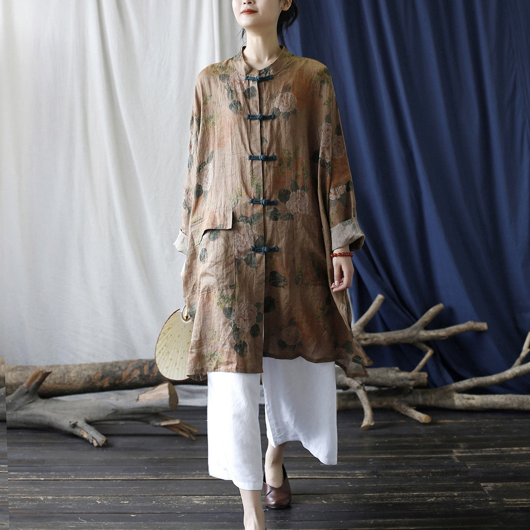 Tao One Tech™ • Tao Ancient Flower Sunscreen Robe • Cardigan • Kimono • Hanfu • Air Conditioning Shirt • Butterfly Bat Wing Sleeves • Cooling • Tech Pockets • Pure Ramie