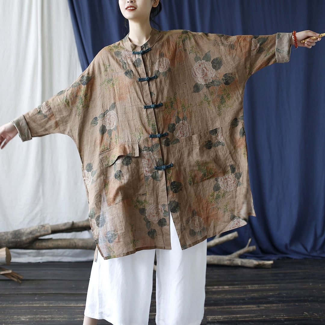 Tao One Tech™ • Tao Ancient Flower Sunscreen Robe • Cardigan • Kimono • Hanfu • Air Conditioning Shirt • Butterfly Bat Wing Sleeves • Cooling • Tech Pockets • Pure Ramie