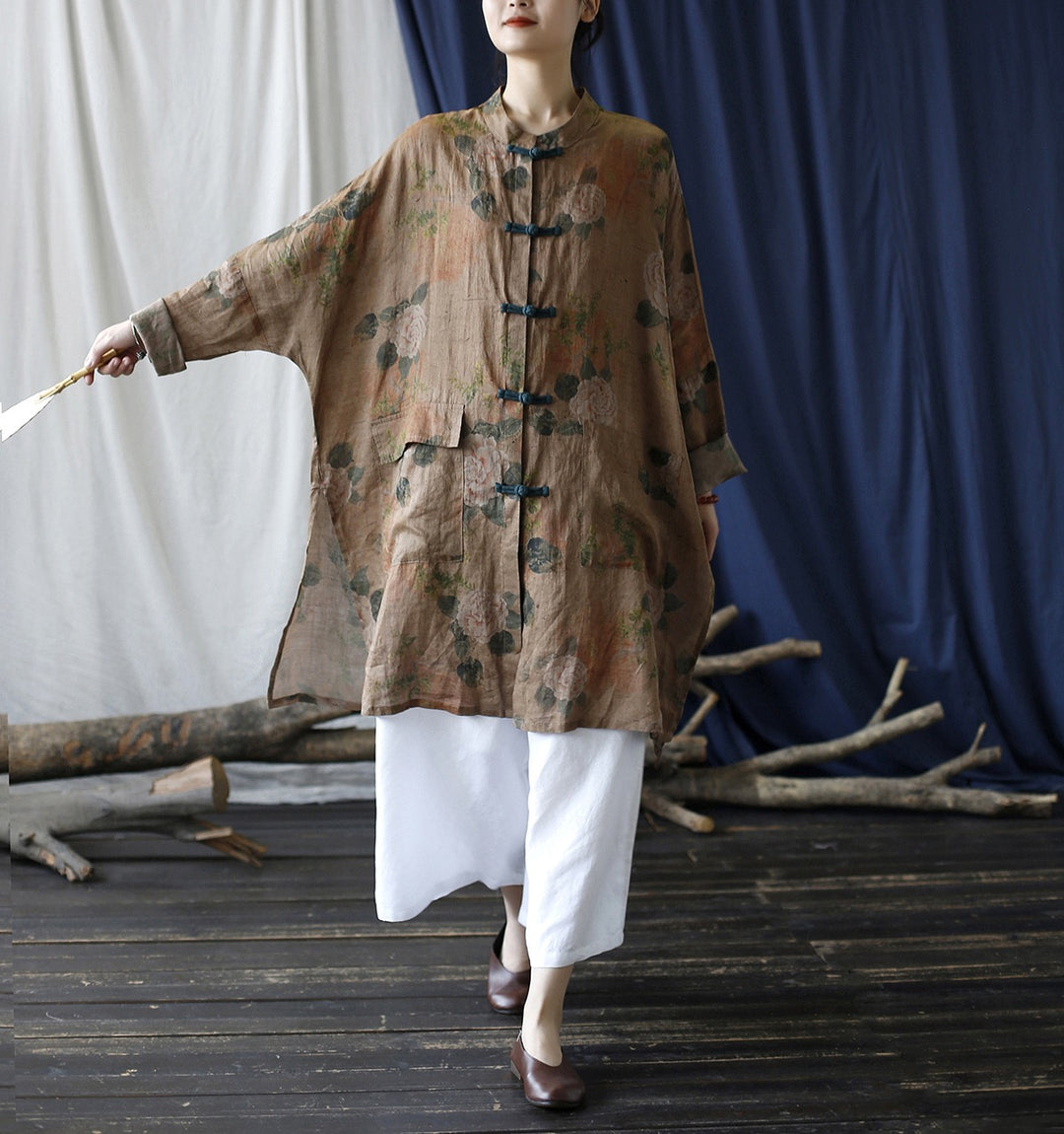 Tao One Tech™ • Tao Ancient Flower Sunscreen Robe • Cardigan • Kimono • Hanfu • Air Conditioning Shirt • Butterfly Bat Wing Sleeves • Cooling • Tech Pockets • Pure Ramie