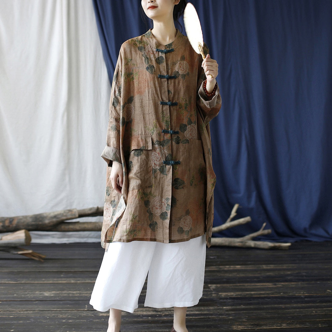 Tao One Tech™ • Tao Ancient Flower Sunscreen Robe • Cardigan • Kimono • Hanfu • Air Conditioning Shirt • Butterfly Bat Wing Sleeves • Cooling • Tech Pockets • Pure Ramie