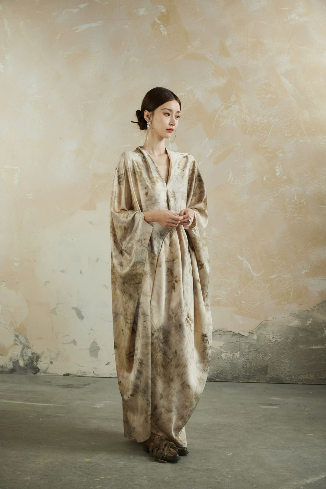 Tao One Tech™ Elegant Tao Moon Dress • Bat / Butterfly Sleeves • Black Velvet • Silky Beige Plant Art