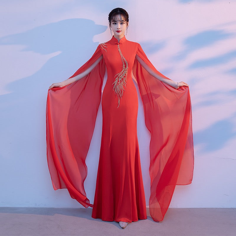 Tao Water Phoenix Dress • Chiffon Water Sleeves • Tailored Satin Fishtail Silhouette