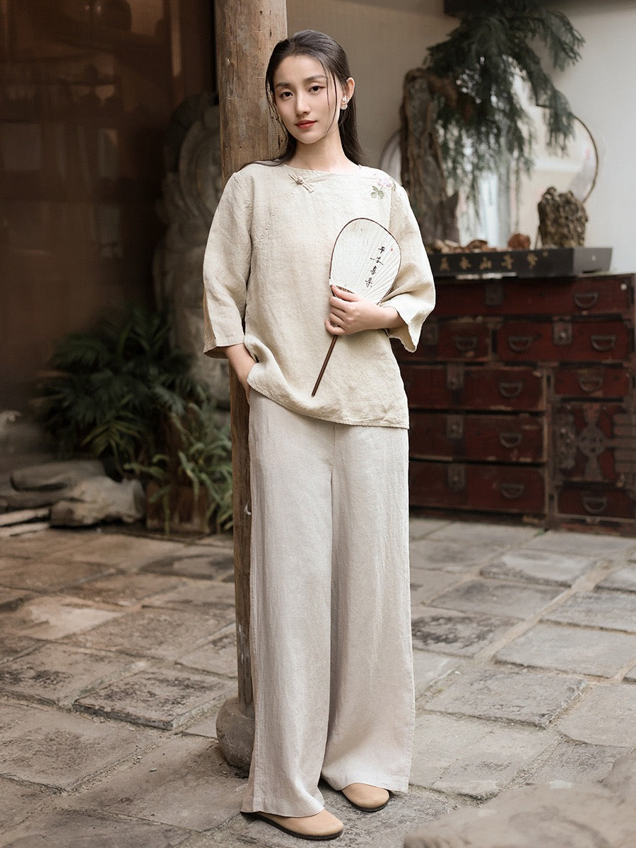 Tao One Tech™ • Business Flow Wide Leg Pants • High-Waisted • Semi-Elastic Waist • Bamboo Texture • Tech Pockets • Ramie Cotton • Sizes M-XXL