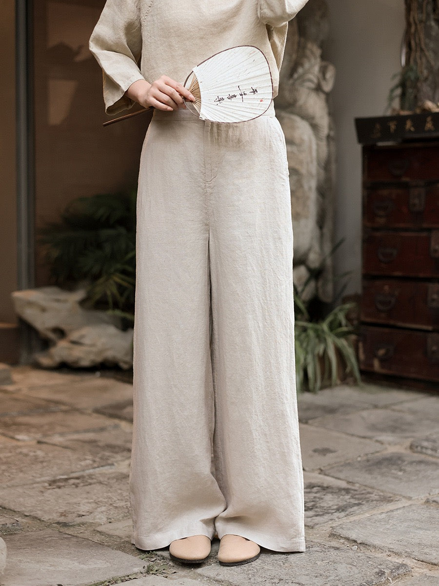 Tao One Tech™ • Business Flow Wide Leg Pants • High-Waisted • Semi-Elastic Waist • Bamboo Texture • Tech Pockets • Ramie Cotton • Sizes M-XXL