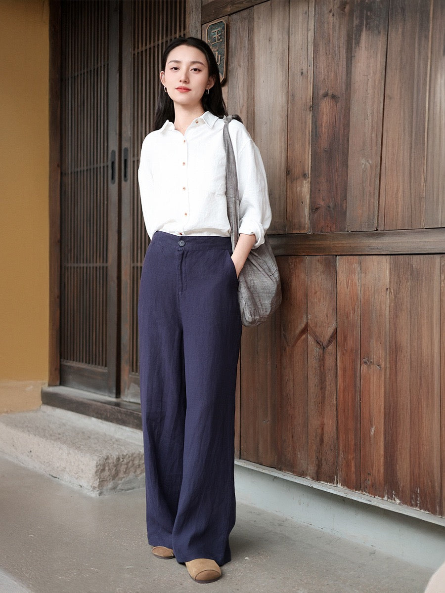 Tao One Tech™ • Business Flow Wide Leg Pants • High-Waisted • Semi-Elastic Waist • Bamboo Texture • Tech Pockets • Ramie Cotton • Sizes M-XXL
