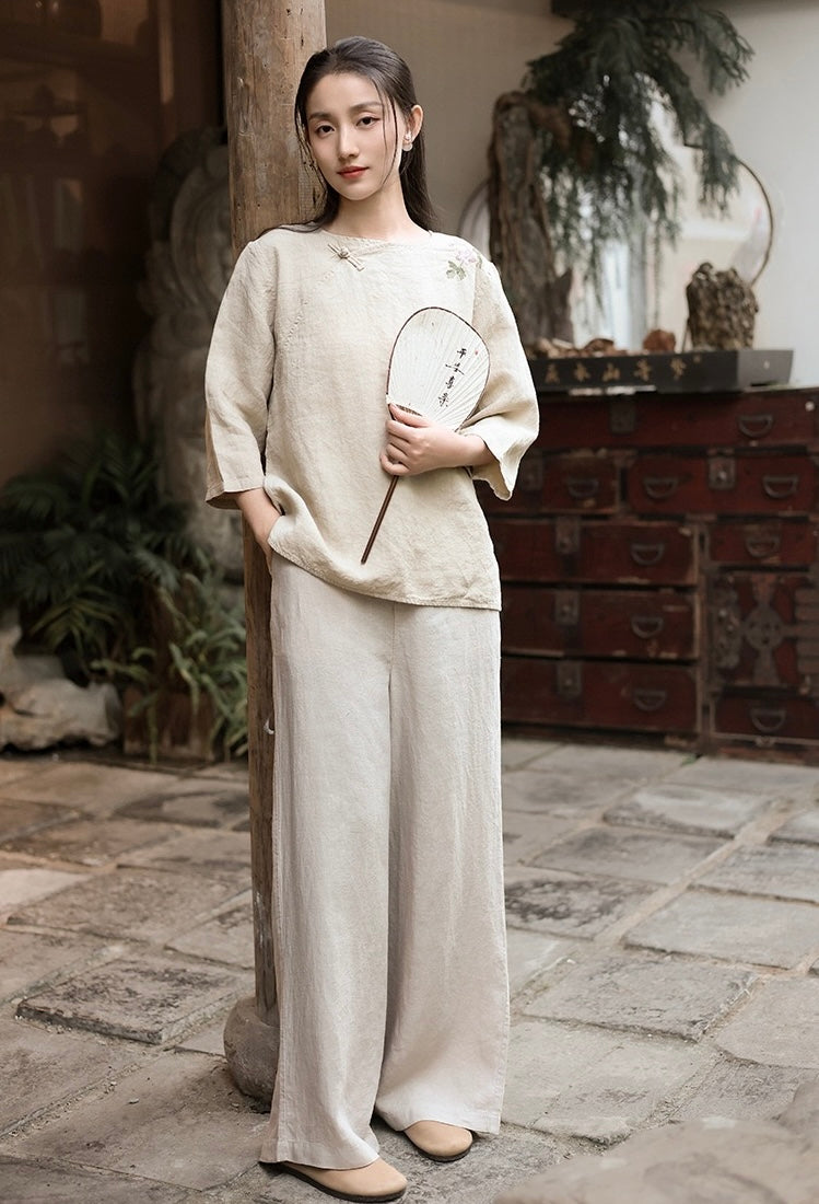 Tao One Tech™ • Business Flow Wide Leg Pants • High-Waisted • Semi-Elastic Waist • Bamboo Texture • Tech Pockets • Ramie Cotton • Sizes M-XXL