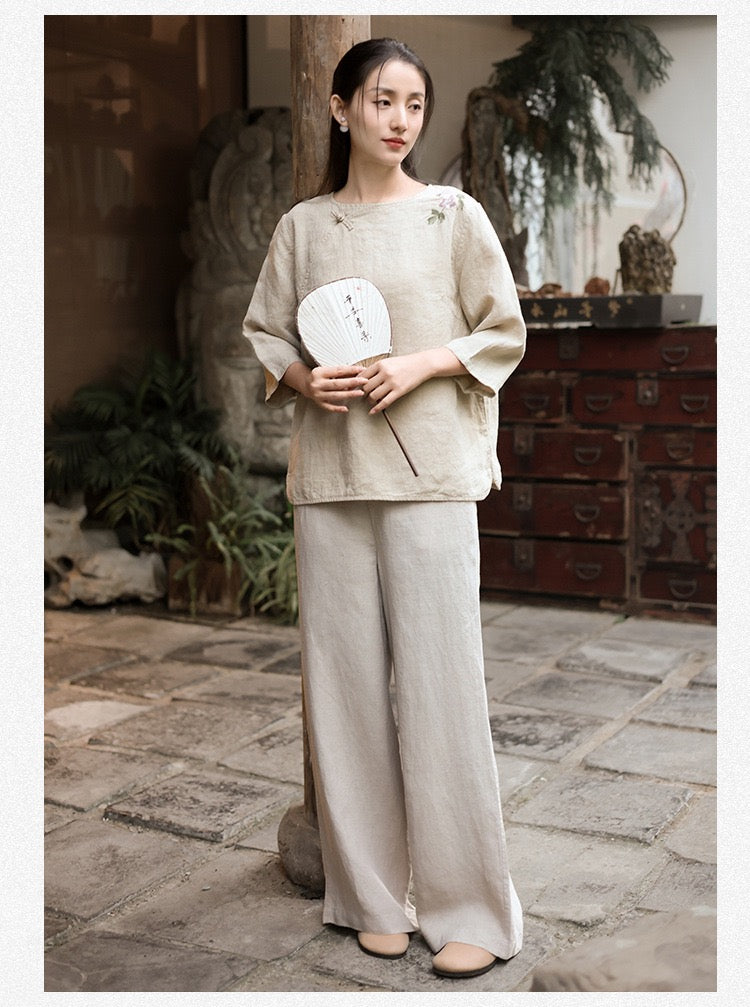 Tao One Tech™ • Business Flow Wide Leg Pants • High-Waisted • Semi-Elastic Waist • Bamboo Texture • Tech Pockets • Ramie Cotton • Sizes M-XXL