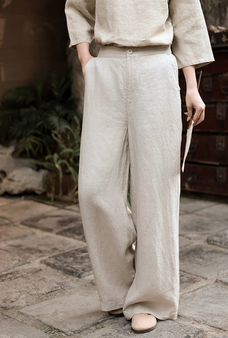 Tao One Tech™ • Business Flow Wide Leg Pants • High-Waisted • Semi-Elastic Waist • Bamboo Texture • Tech Pockets • Ramie Cotton • Sizes M-XXL