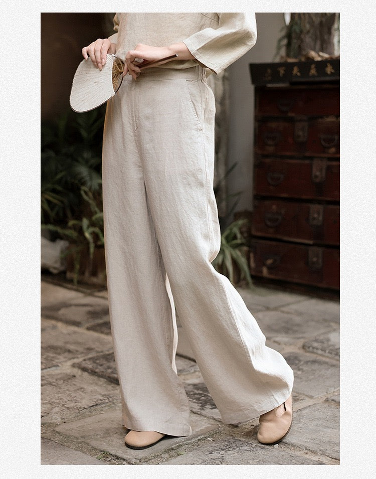 Tao One Tech™ • Business Flow Wide Leg Pants • High-Waisted • Semi-Elastic Waist • Bamboo Texture • Tech Pockets • Ramie Cotton • Sizes M-XXL
