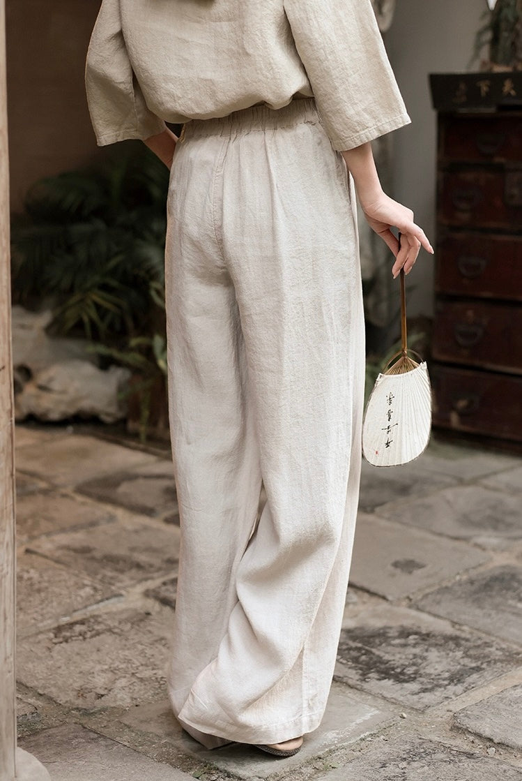 Tao One Tech™ • Business Flow Wide Leg Pants • High-Waisted • Semi-Elastic Waist • Bamboo Texture • Tech Pockets • Ramie Cotton • Sizes M-XXL