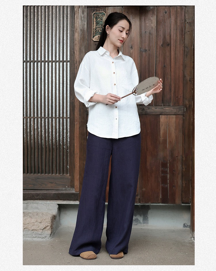 Tao One Tech™ • Business Flow Wide Leg Pants • High-Waisted • Semi-Elastic Waist • Bamboo Texture • Tech Pockets • Ramie Cotton • Sizes M-XXL