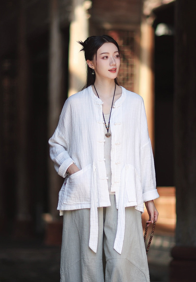 Tao One Tech™ • Zen Qigong Kimono Cardigan • Tai Chi • All Season Layering • Butterfly Bat Wing Sleeves • Tech Pockets • Bamboo Texture • Double-Layer Cotton