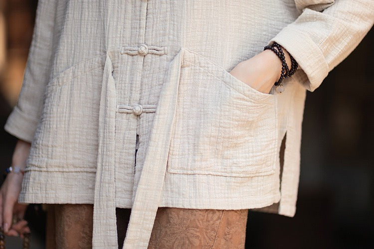 Tao One Tech™ • Zen Qigong Kimono Cardigan • Tai Chi • All Season Layering • Butterfly Bat Wing Sleeves • Tech Pockets • Bamboo Texture • Double-Layer Cotton