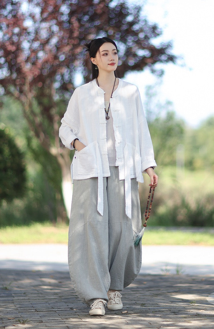 Tao One Tech™ • Zen Qigong Kimono Cardigan • Tai Chi • All Season Layering • Butterfly Bat Wing Sleeves • Tech Pockets • Bamboo Texture • Double-Layer Cotton
