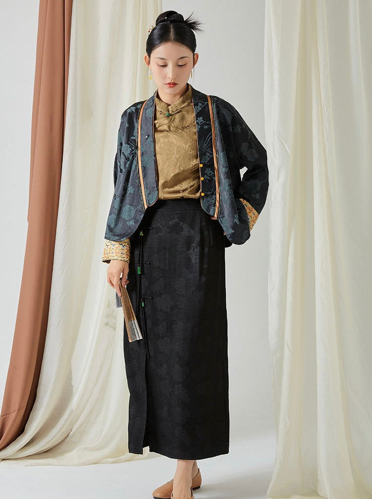 The Dao 道 of Zen Song Brocade Jacquard Coat • Kimono Wrap Jacket and Cardigan • V-Neck • 3 Buckles