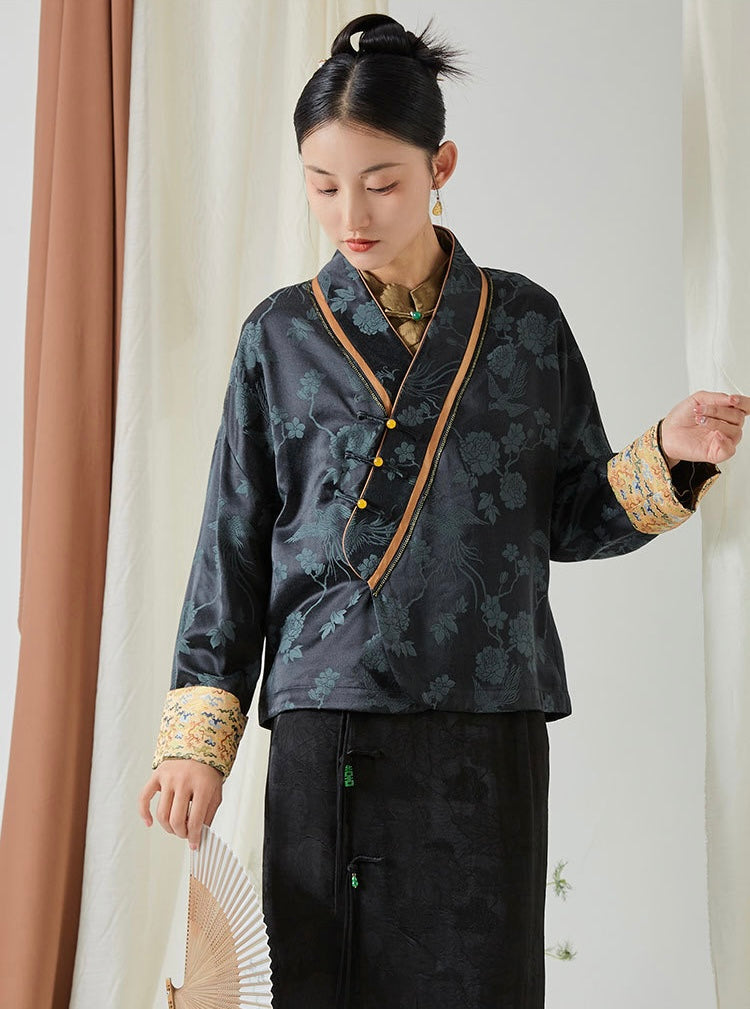 The Dao 道 of Zen Song Brocade Jacquard Coat • Kimono Wrap Jacket and Cardigan • V-Neck • 3 Buckles