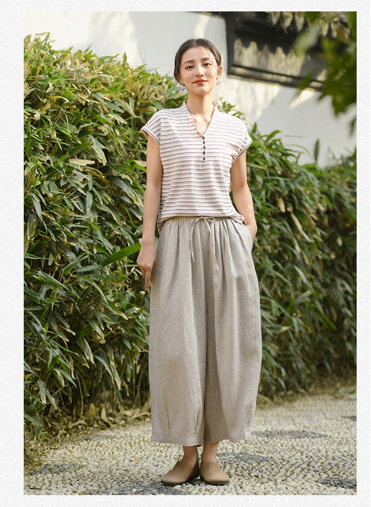 Tao One Tech™ • Zen Sunscreen Capris • 9-Point • Flowy Wide-Leg • Cropped Pants • Tech Pockets • Pure Linen • Sizes M-XXL