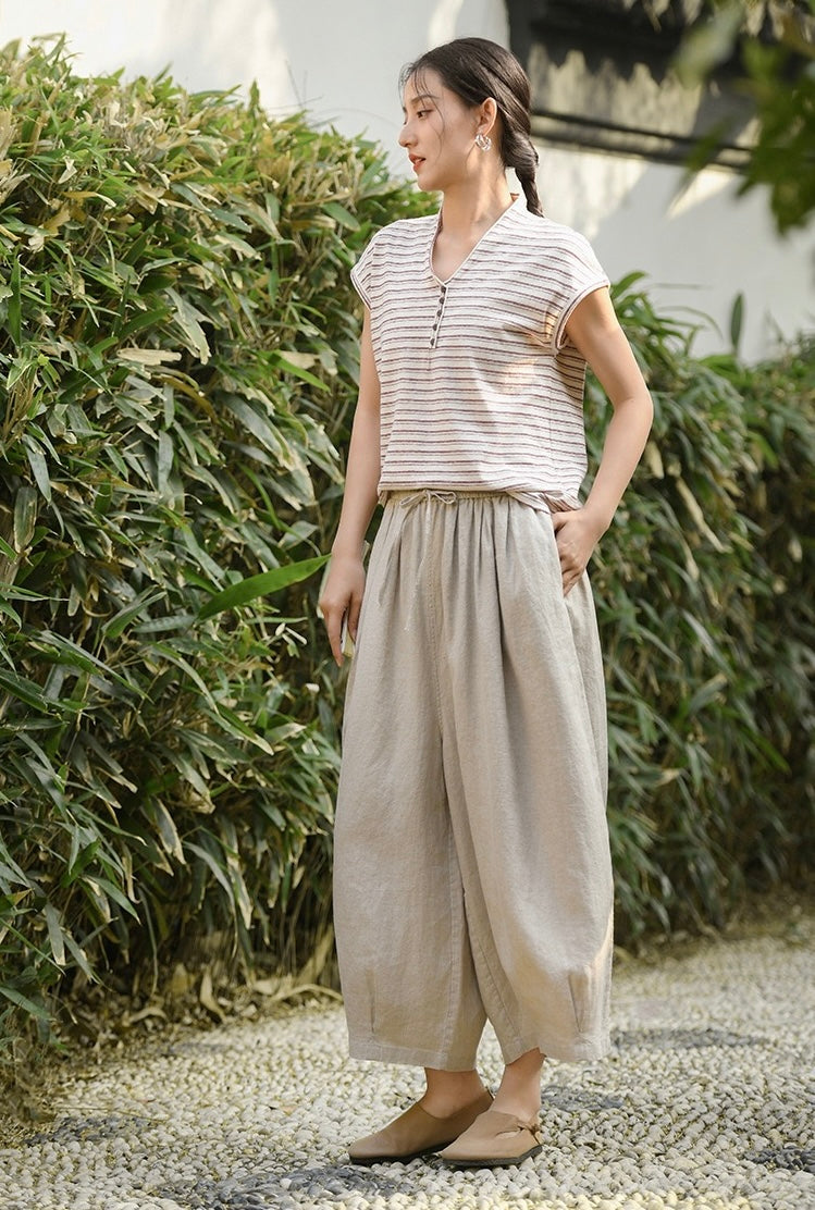 Tao One Tech™ • Zen Sunscreen Capris • 9-Point • Flowy Wide-Leg • Cropped Pants • Tech Pockets • Pure Linen • Sizes M-XXL