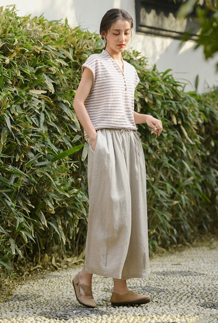 Tao One Tech™ • Zen Sunscreen Capris • 9-Point • Flowy Wide-Leg • Cropped Pants • Tech Pockets • Pure Linen • Sizes M-XXL