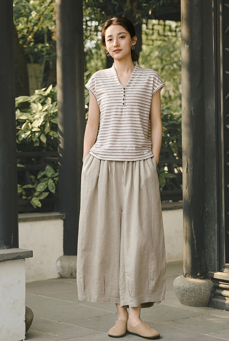 Tao One Tech™ • Zen Sunscreen Capris • 9-Point • Flowy Wide-Leg • Cropped Pants • Tech Pockets • Pure Linen • Sizes M-XXL