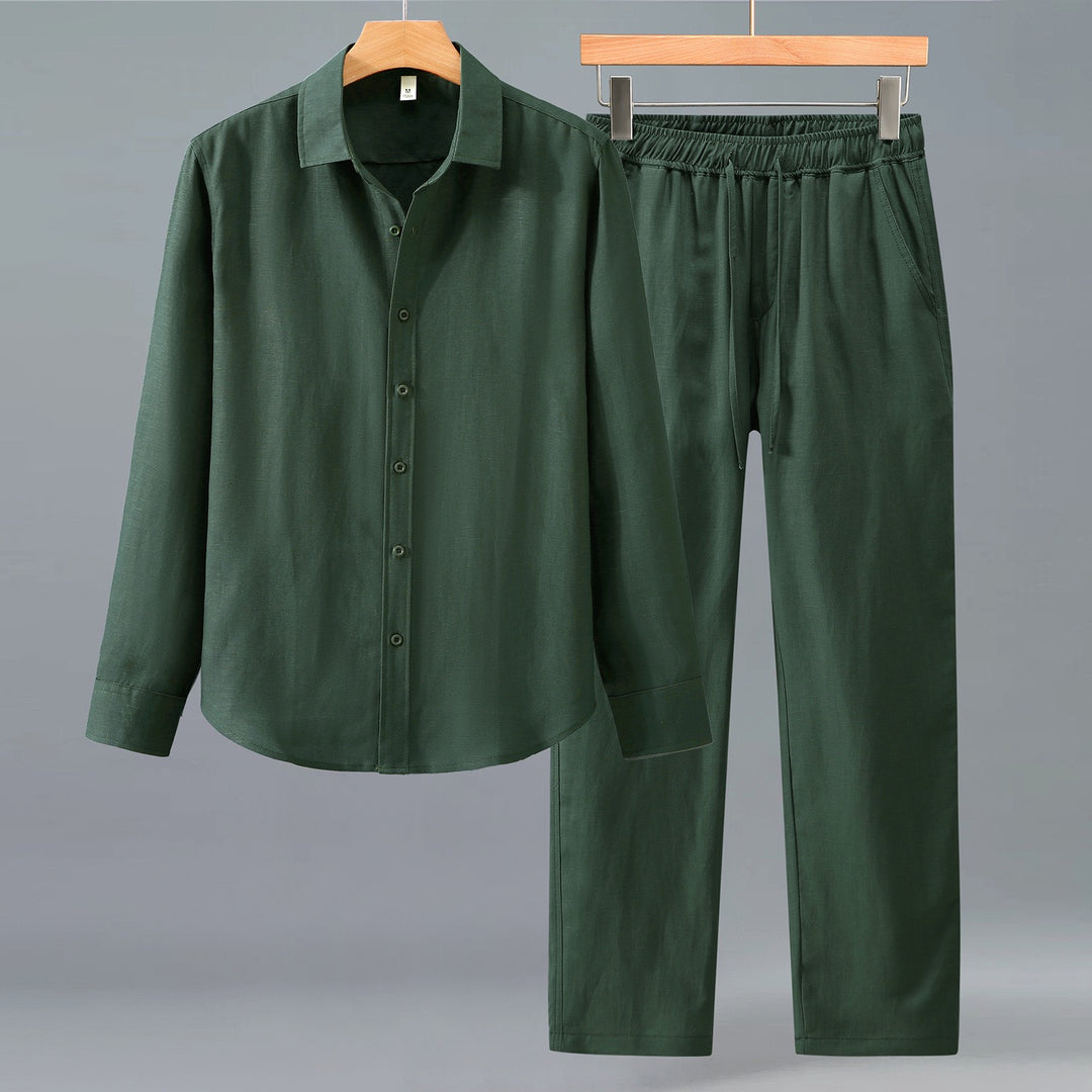 Tao One Tech™ • Yang Business Flow Suit • Long-Sleeve Dress Shirt and Pants Set • Sunscreen Layer • All Season Layering • Tech Pockets • Cooling • Tencel Lyocell Linen • Men’s Sizes M-3XL