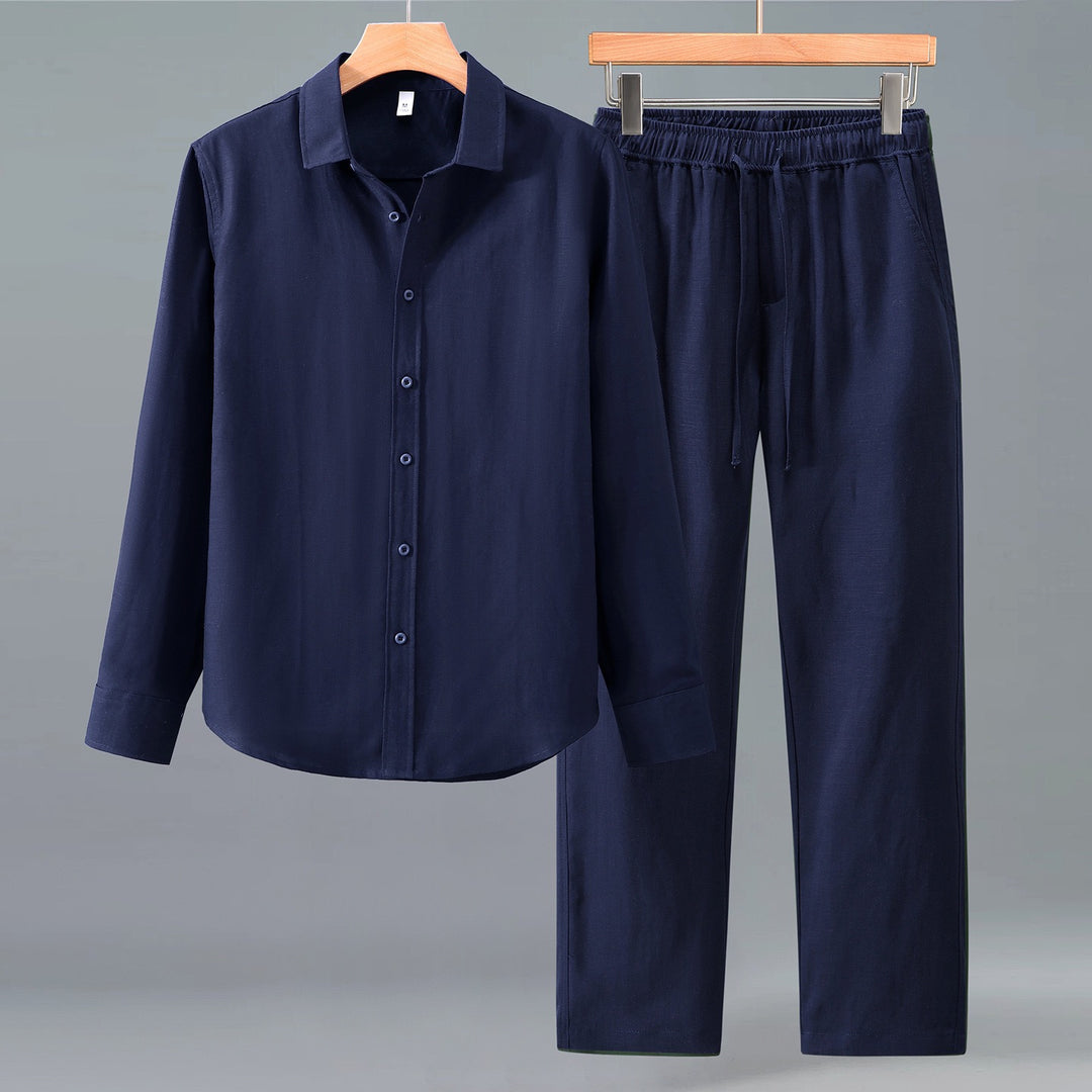 Tao One Tech™ • Yang Business Flow Suit • Long-Sleeve Dress Shirt and Pants Set • Sunscreen Layer • All Season Layering • Tech Pockets • Cooling • Tencel Lyocell Linen • Men’s Sizes M-3XL