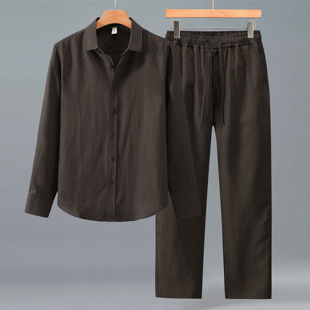Tao One Tech™ • Yang Business Flow Suit • Long-Sleeve Dress Shirt and Pants Set • Sunscreen Layer • All Season Layering • Tech Pockets • Cooling • Tencel Lyocell Linen • Men’s Sizes M-3XL