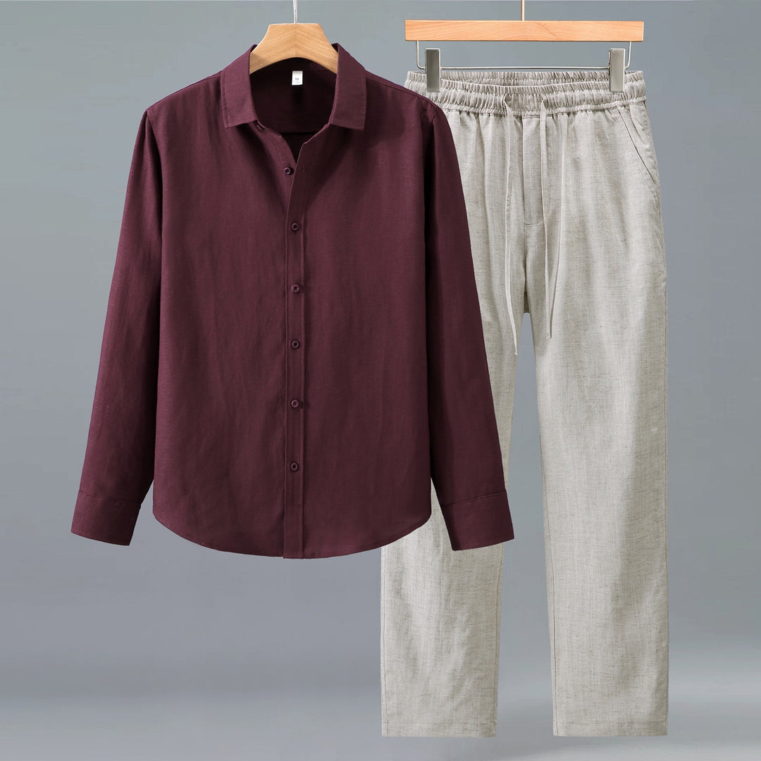 Tao One Tech™ • Yang Business Flow Suit • Long-Sleeve Dress Shirt and Pants Set • Sunscreen Layer • All Season Layering • Tech Pockets • Cooling • Tencel Lyocell Linen • Men’s Sizes M-3XL