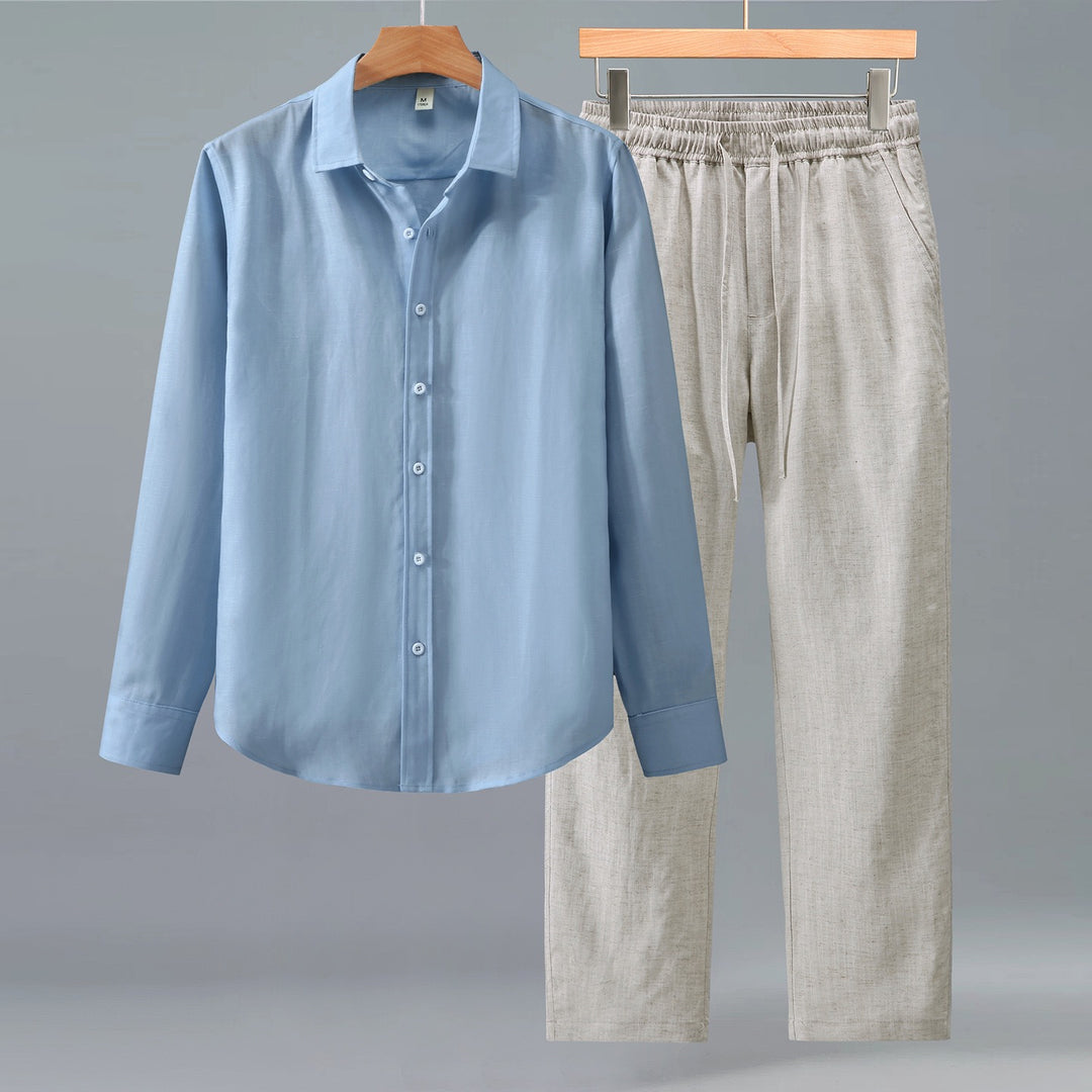 Tao One Tech™ • Yang Business Flow Suit • Long-Sleeve Dress Shirt and Pants Set • Sunscreen Layer • All Season Layering • Tech Pockets • Cooling • Tencel Lyocell Linen • Men’s Sizes M-3XL