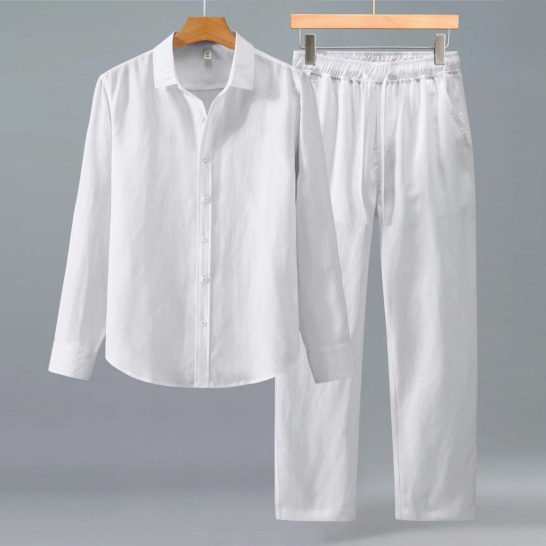Tao One Tech™ • Yang Business Flow Suit • Long-Sleeve Dress Shirt and Pants Set • Sunscreen Layer • All Season Layering • Tech Pockets • Cooling • Tencel Lyocell Linen • Men’s Sizes M-3XL