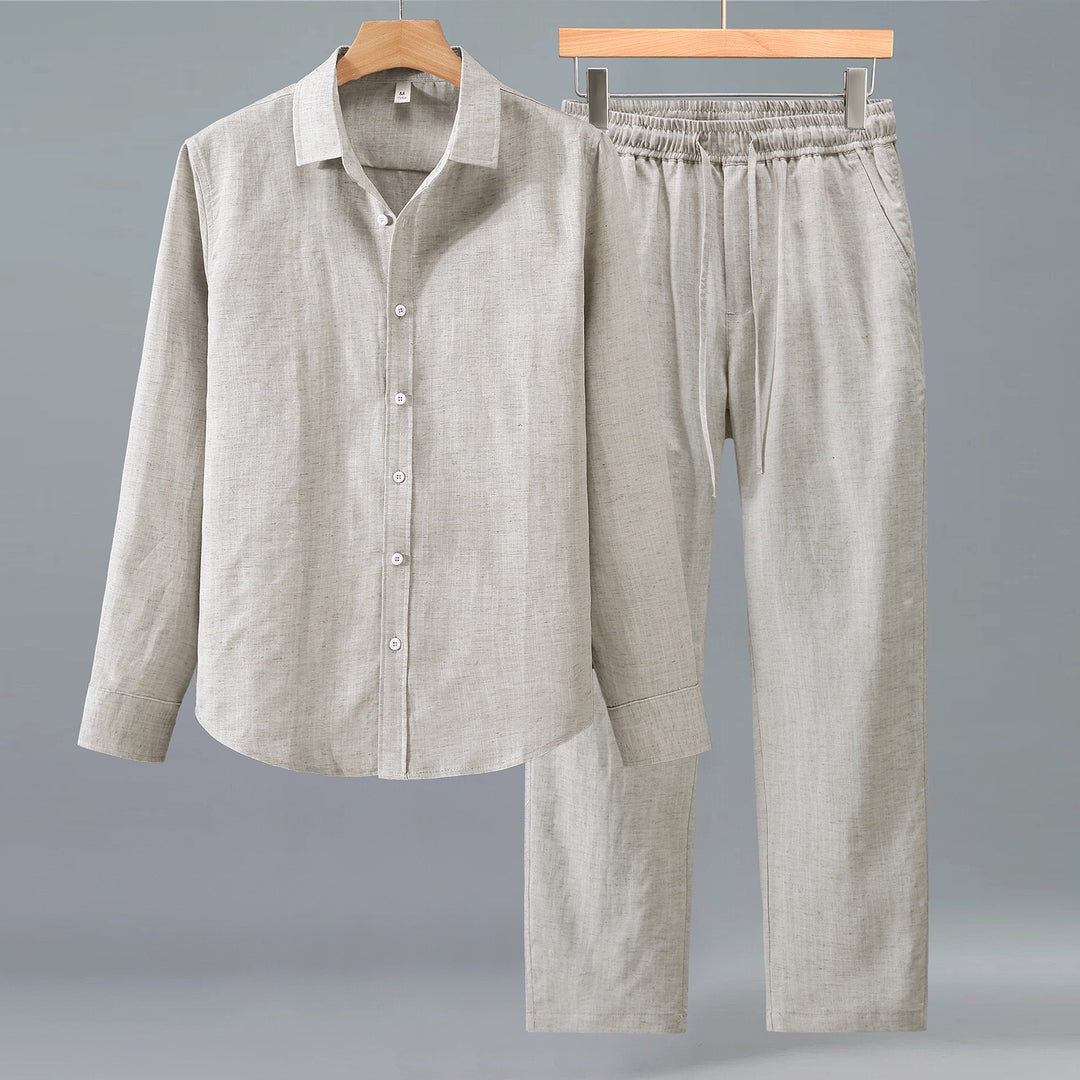 Tao One Tech™ • Yang Business Flow Suit • Long-Sleeve Dress Shirt and Pants Set • Sunscreen Layer • All Season Layering • Tech Pockets • Cooling • Tencel Lyocell Linen • Men’s Sizes M-3XL