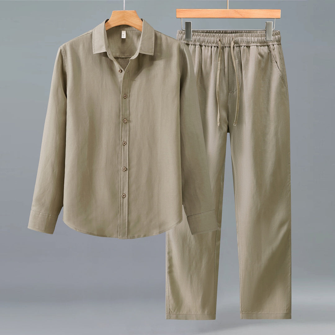 Tao One Tech™ • Yang Business Flow Suit • Long-Sleeve Dress Shirt and Pants Set • Sunscreen Layer • All Season Layering • Tech Pockets • Cooling • Tencel Lyocell Linen • Men’s Sizes M-3XL