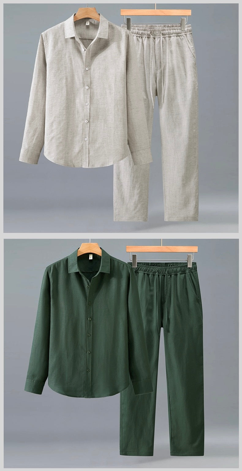Tao One Tech™ • Yang Business Flow Suit • Long-Sleeve Dress Shirt and Pants Set • Sunscreen Layer • All Season Layering • Tech Pockets • Cooling • Tencel Lyocell Linen • Men’s Sizes M-3XL