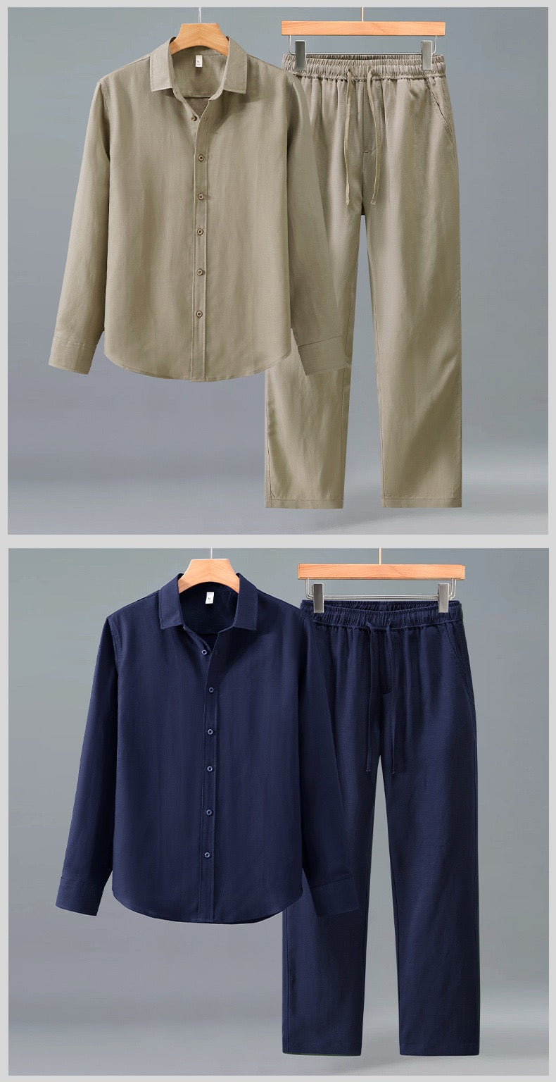 Tao One Tech™ • Yang Business Flow Suit • Long-Sleeve Dress Shirt and Pants Set • Sunscreen Layer • All Season Layering • Tech Pockets • Cooling • Tencel Lyocell Linen • Men’s Sizes M-3XL