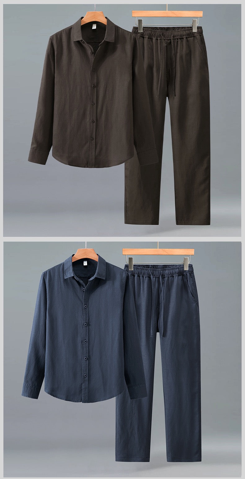 Tao One Tech™ • Yang Business Flow Suit • Long-Sleeve Dress Shirt and Pants Set • Sunscreen Layer • All Season Layering • Tech Pockets • Cooling • Tencel Lyocell Linen • Men’s Sizes M-3XL