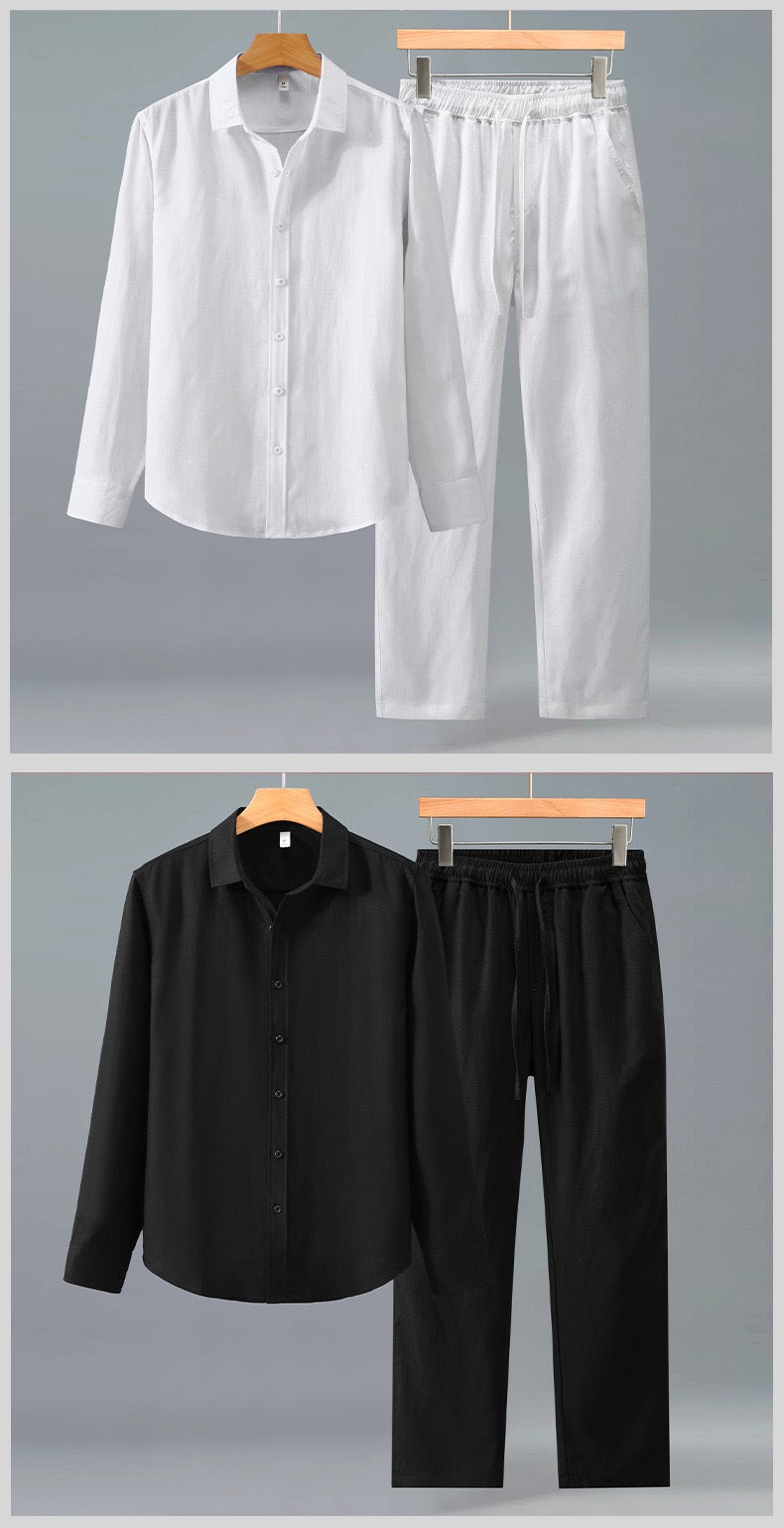 Tao One Tech™ • Yang Business Flow Suit • Long-Sleeve Dress Shirt and Pants Set • Sunscreen Layer • All Season Layering • Tech Pockets • Cooling • Tencel Lyocell Linen • Men’s Sizes M-3XL