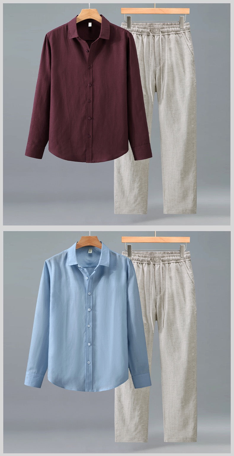 Tao One Tech™ • Yang Business Flow Suit • Long-Sleeve Dress Shirt and Pants Set • Sunscreen Layer • All Season Layering • Tech Pockets • Cooling • Tencel Lyocell Linen • Men’s Sizes M-3XL