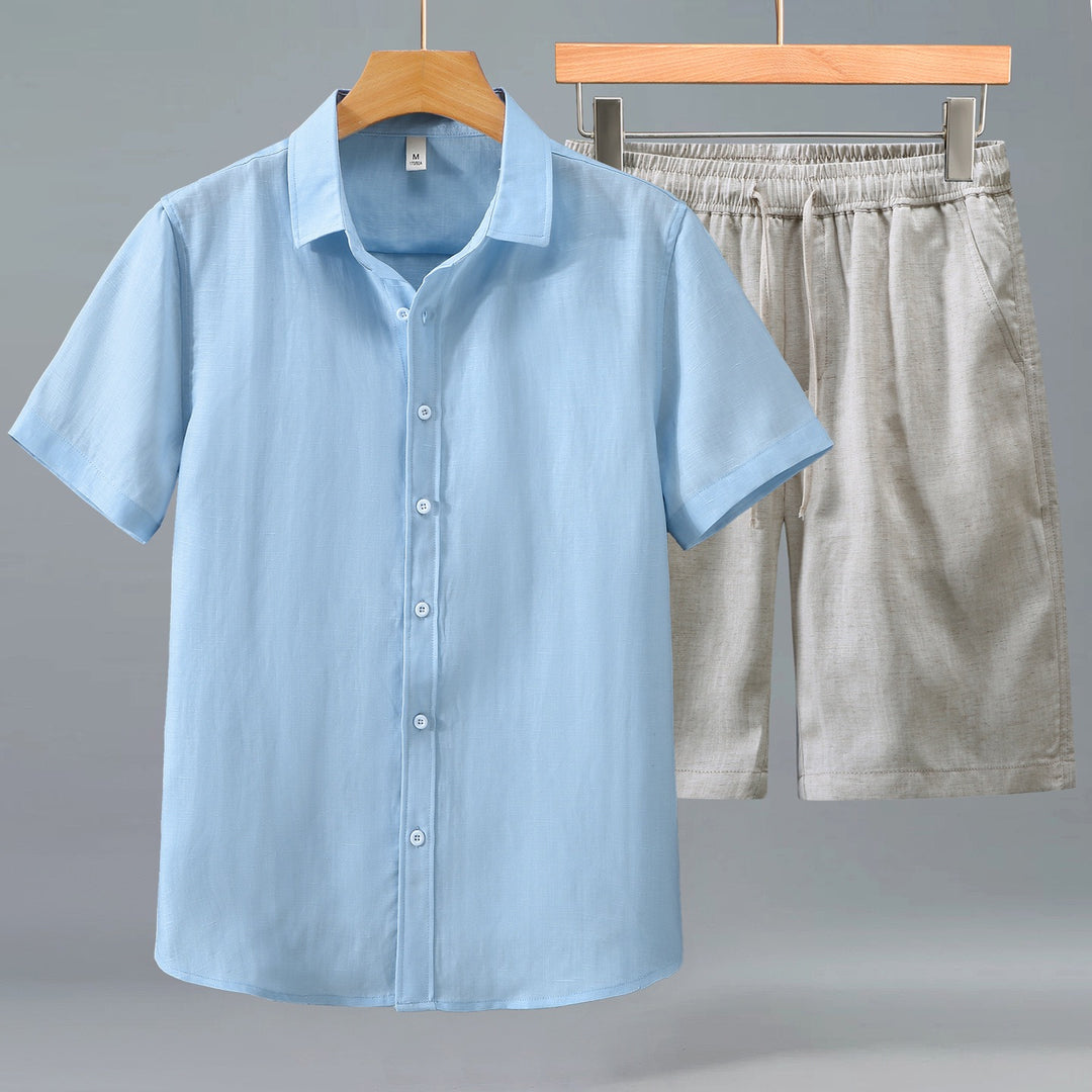 Tao One Tech™ • Yang Summer Business Flow Suit • Short-Sleeve Dress Shirt and Shorts Set • Sunscreen Layer • Tech Pockets • Cooling • Tencel Lyocell Linen • Men’s Sizes M-3XL
