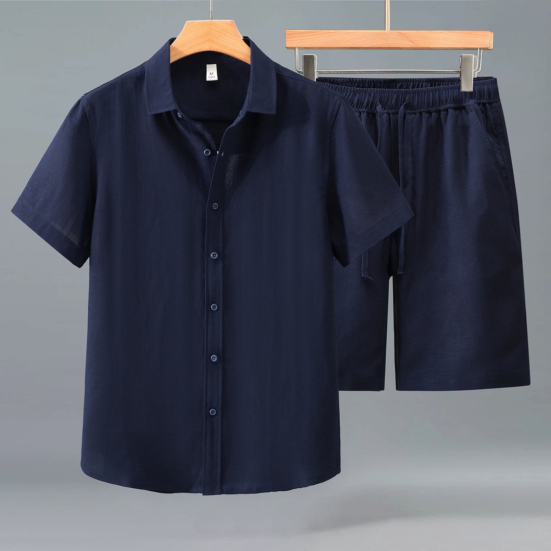Tao One Tech™ • Yang Summer Business Flow Suit • Short-Sleeve Dress Shirt and Shorts Set • Sunscreen Layer • Tech Pockets • Cooling • Tencel Lyocell Linen • Men’s Sizes M-3XL
