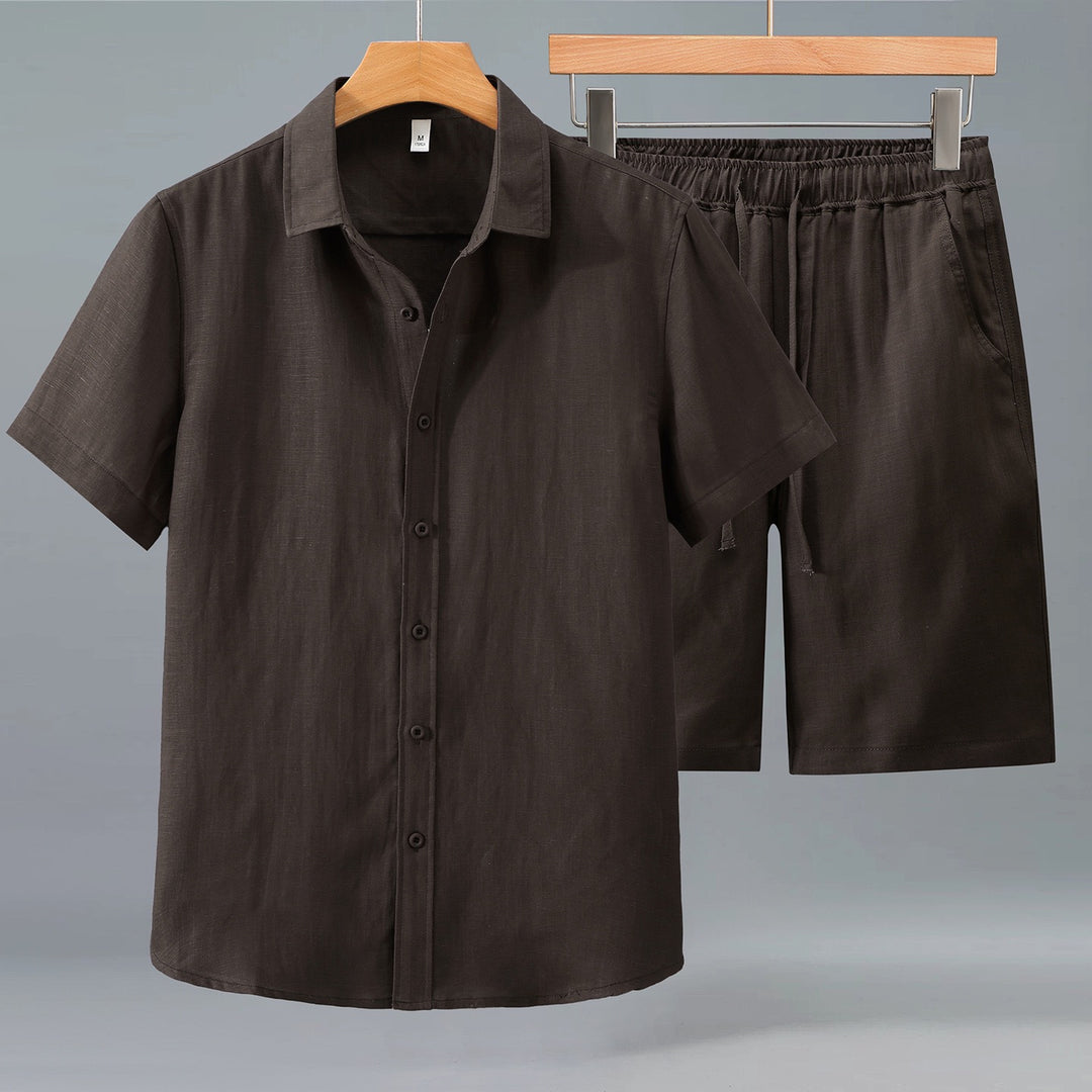 Tao One Tech™ • Yang Summer Business Flow Suit • Short-Sleeve Dress Shirt and Shorts Set • Sunscreen Layer • Tech Pockets • Cooling • Tencel Lyocell Linen • Men’s Sizes M-3XL