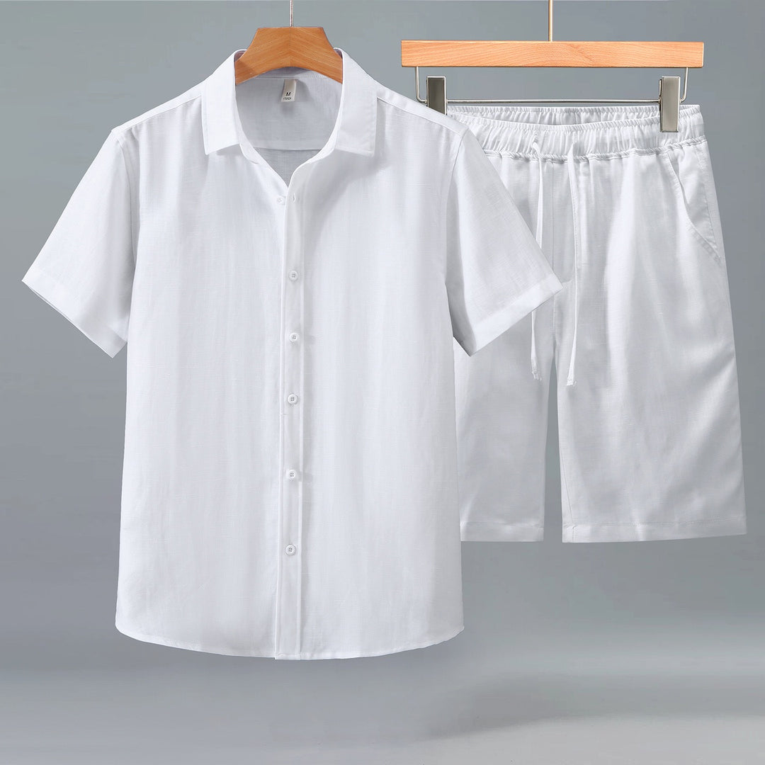 Tao One Tech™ • Yang Summer Business Flow Suit • Short-Sleeve Dress Shirt and Shorts Set • Sunscreen Layer • Tech Pockets • Cooling • Tencel Lyocell Linen • Men’s Sizes M-3XL