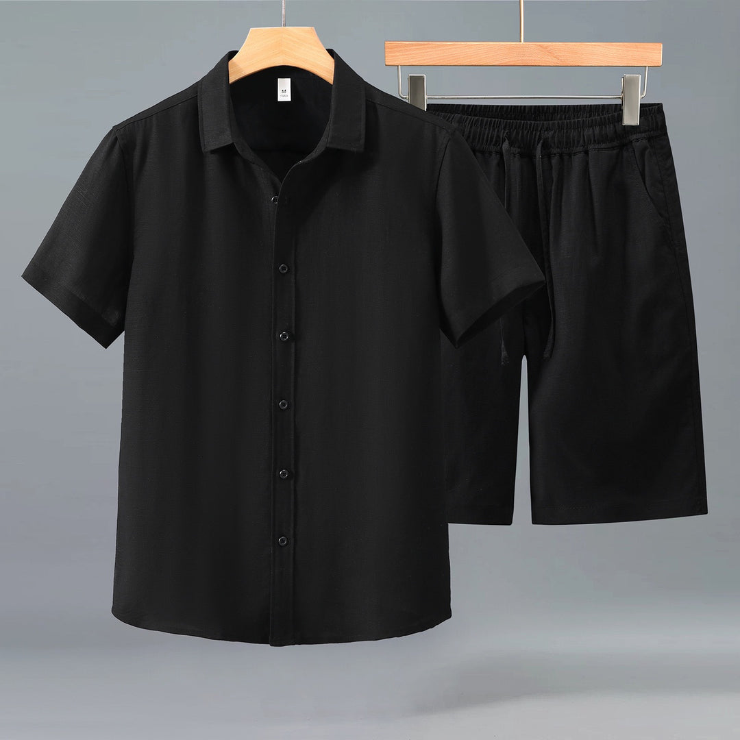 Tao One Tech™ • Yang Summer Business Flow Suit • Short-Sleeve Dress Shirt and Shorts Set • Sunscreen Layer • Tech Pockets • Cooling • Tencel Lyocell Linen • Men’s Sizes M-3XL