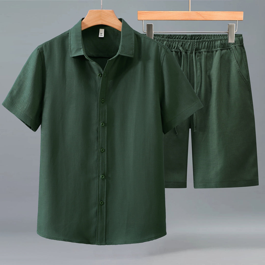 Tao One Tech™ • Yang Summer Business Flow Suit • Short-Sleeve Dress Shirt and Shorts Set • Sunscreen Layer • Tech Pockets • Cooling • Tencel Lyocell Linen • Men’s Sizes M-3XL