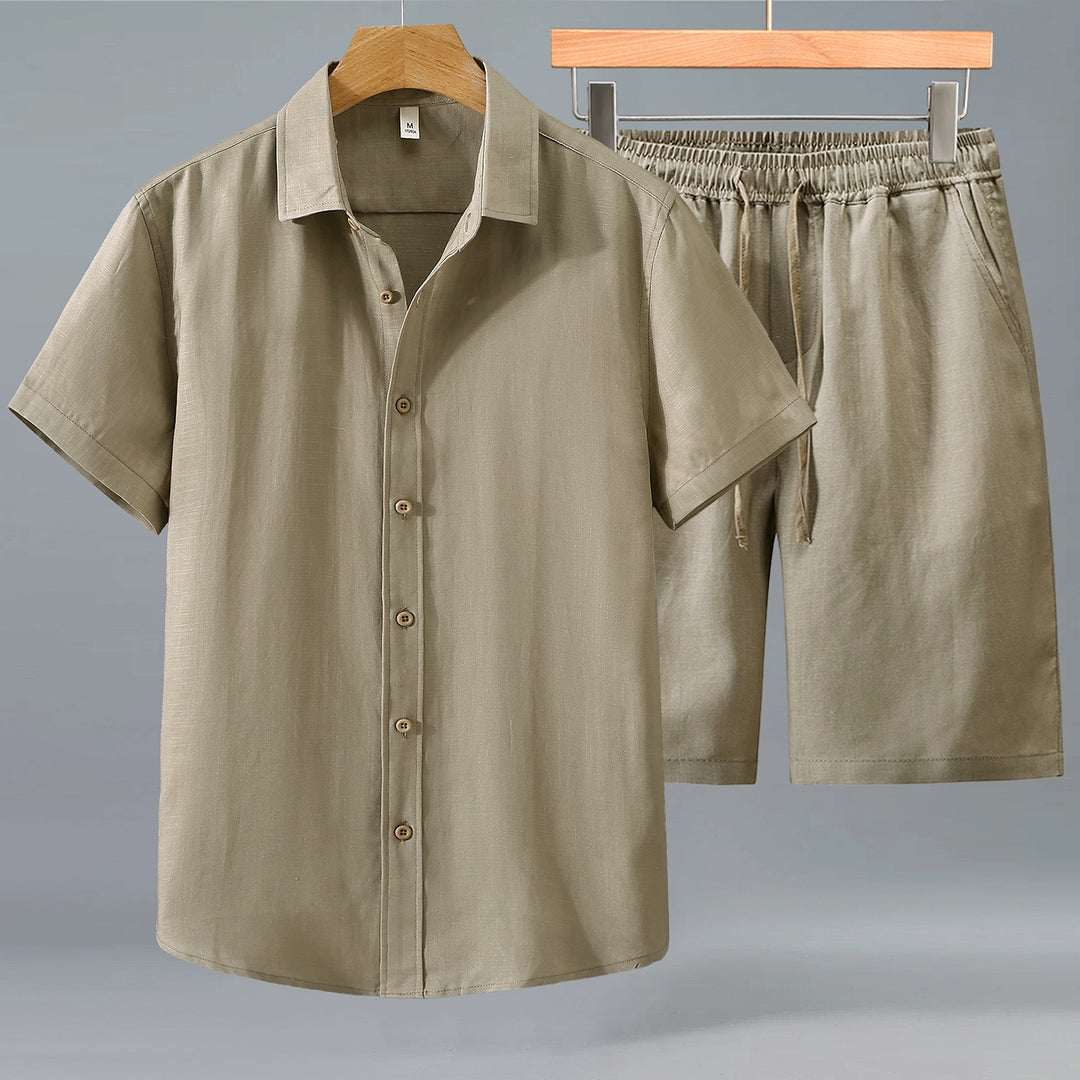 Tao One Tech™ • Yang Summer Business Flow Suit • Short-Sleeve Dress Shirt and Shorts Set • Sunscreen Layer • Tech Pockets • Cooling • Tencel Lyocell Linen • Men’s Sizes M-3XL